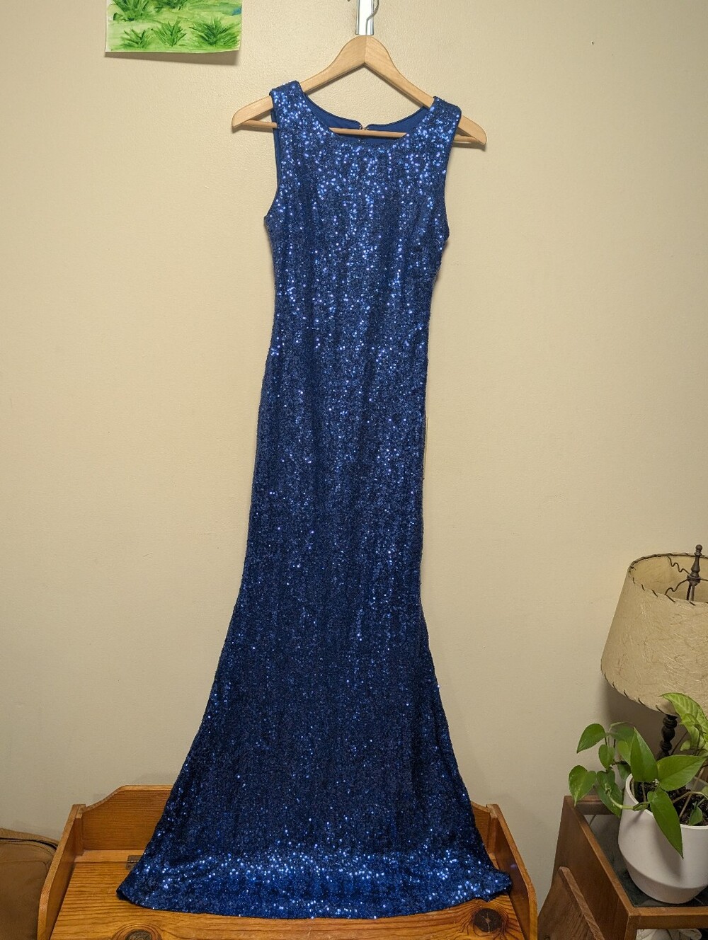 B. Darlin 3/4 Royal Blue Sequin Mermaid Maxi Formal Prom Dress Open Back